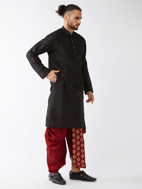 Vastramay Men's Black And Maroon Silk Blend Kurta And Dhoti Set